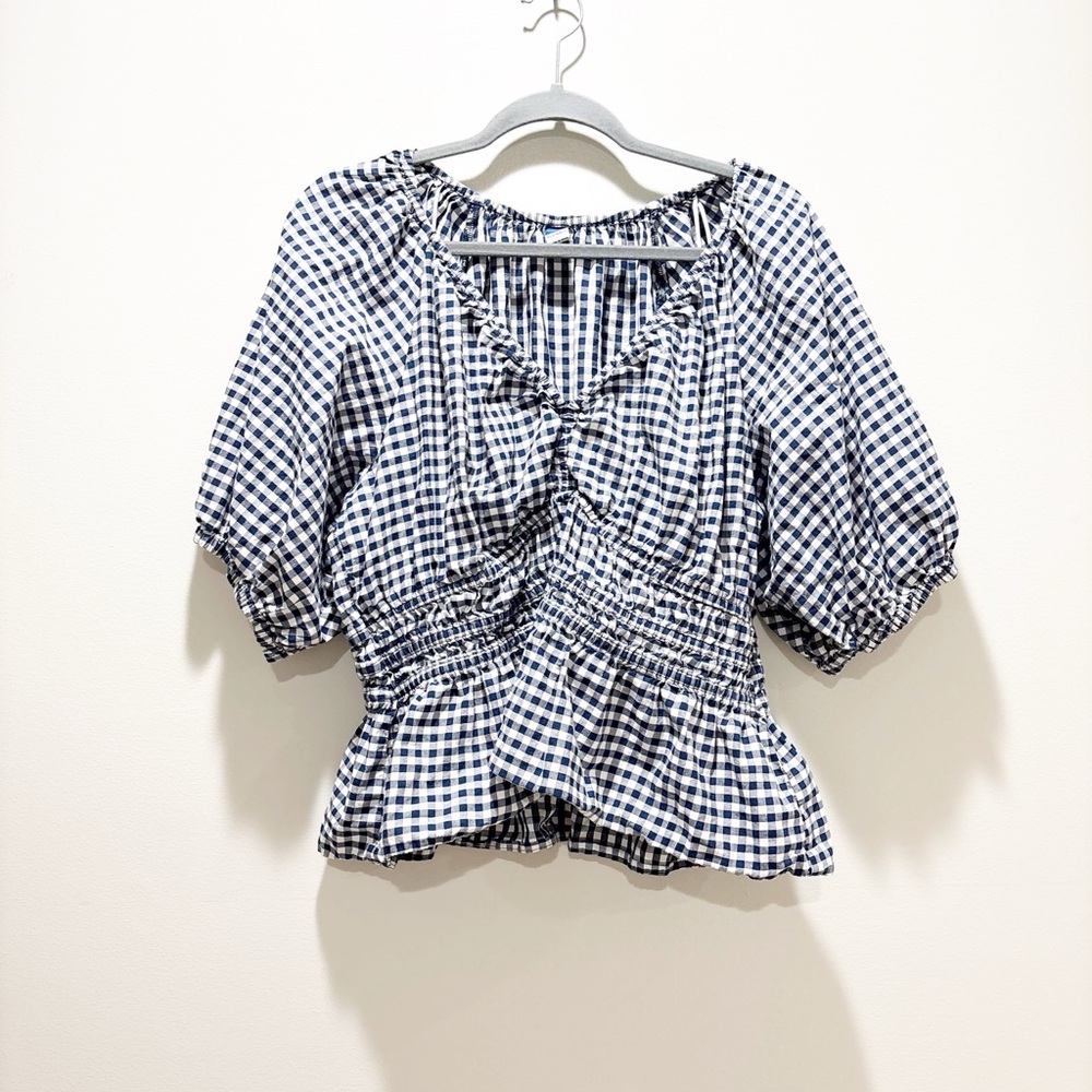 Old Navy Puff Short Sleeve Smocked V Neck Navy Print Gingham Picnic Brunch LT